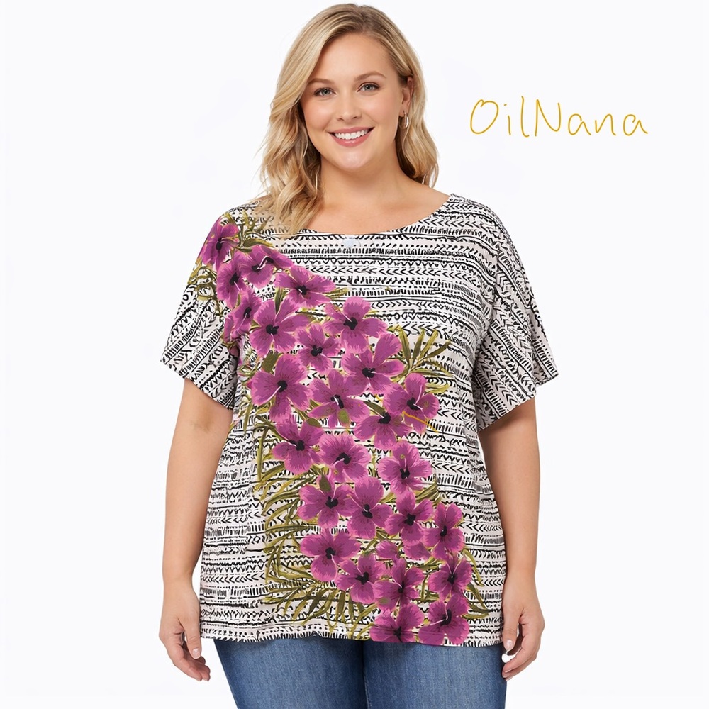 Ruby‎ Rd Plus Size 3X Floral Short raglan Sleeve Stretch Top Black White Purple